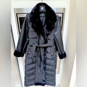 KARL LAGERFELD MIXED MEDIA MAXI BELTED PUFFER WITH FAUX FUR